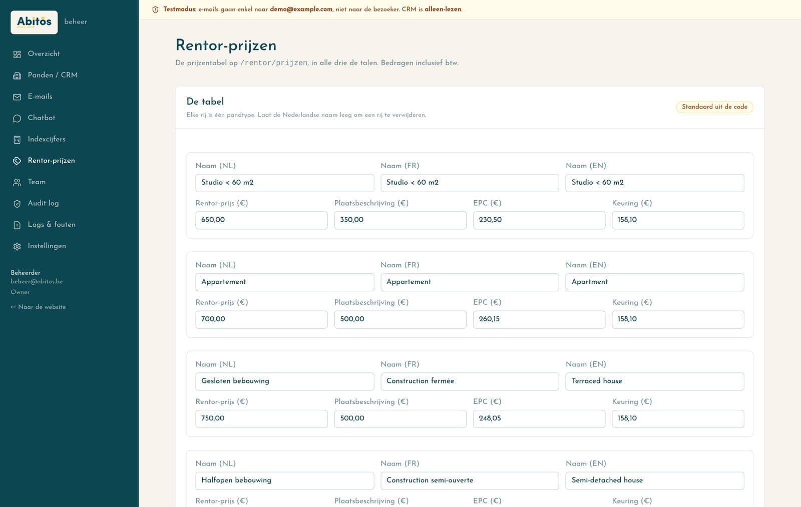 De tarieventabel van een dienst, per pandtype