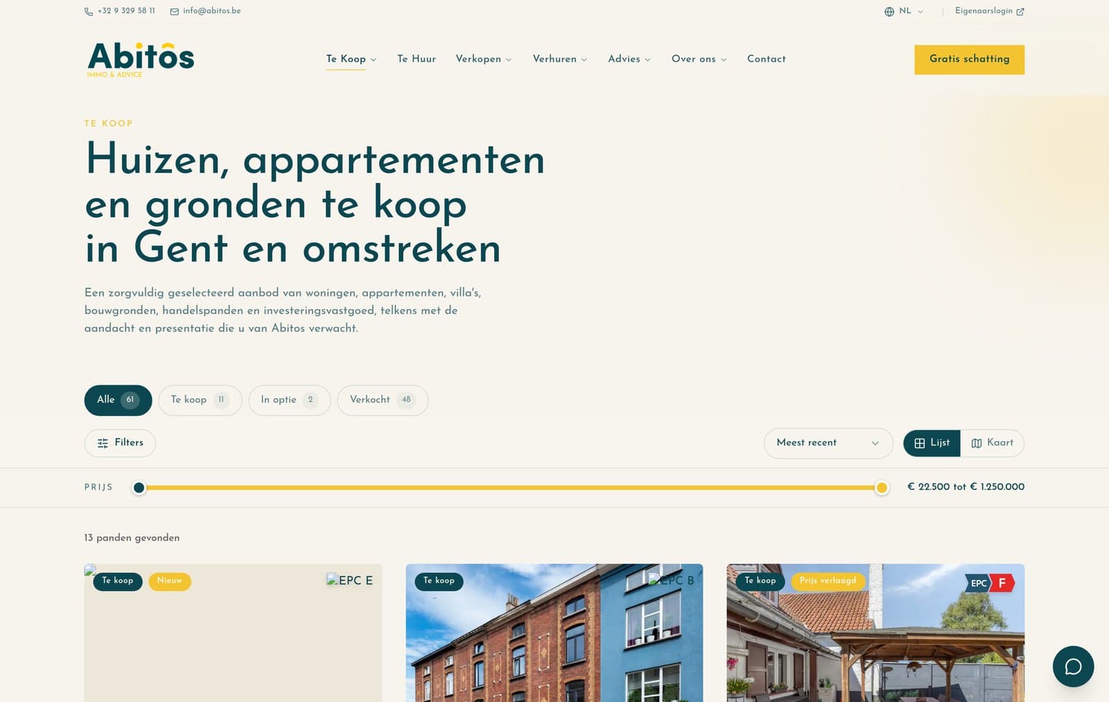 Het aanbod te koop op abitos.be, met filters op type, gemeente en prijs