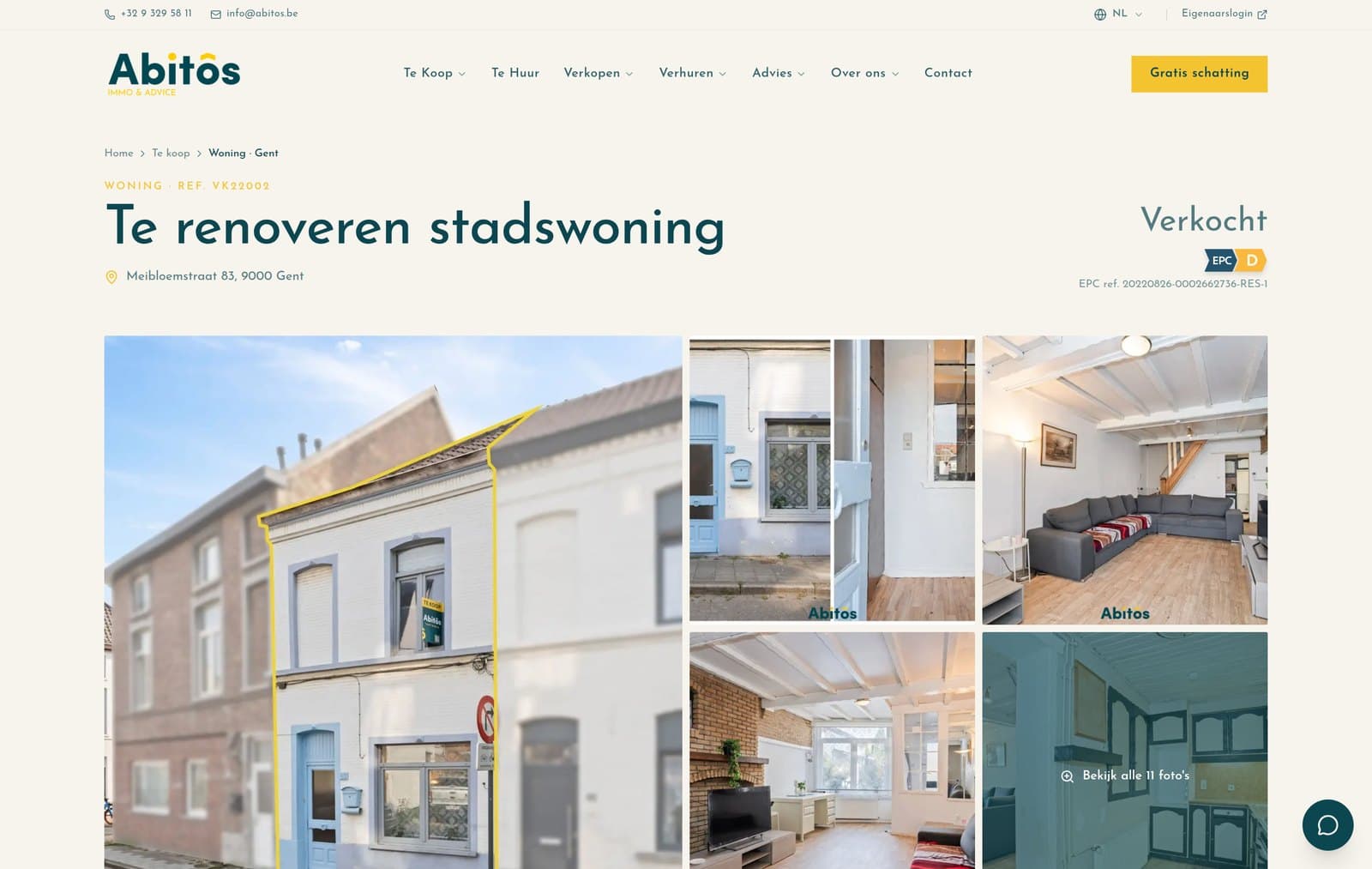 Een pandpagina op abitos.be met de fotogalerij en de status verkocht
